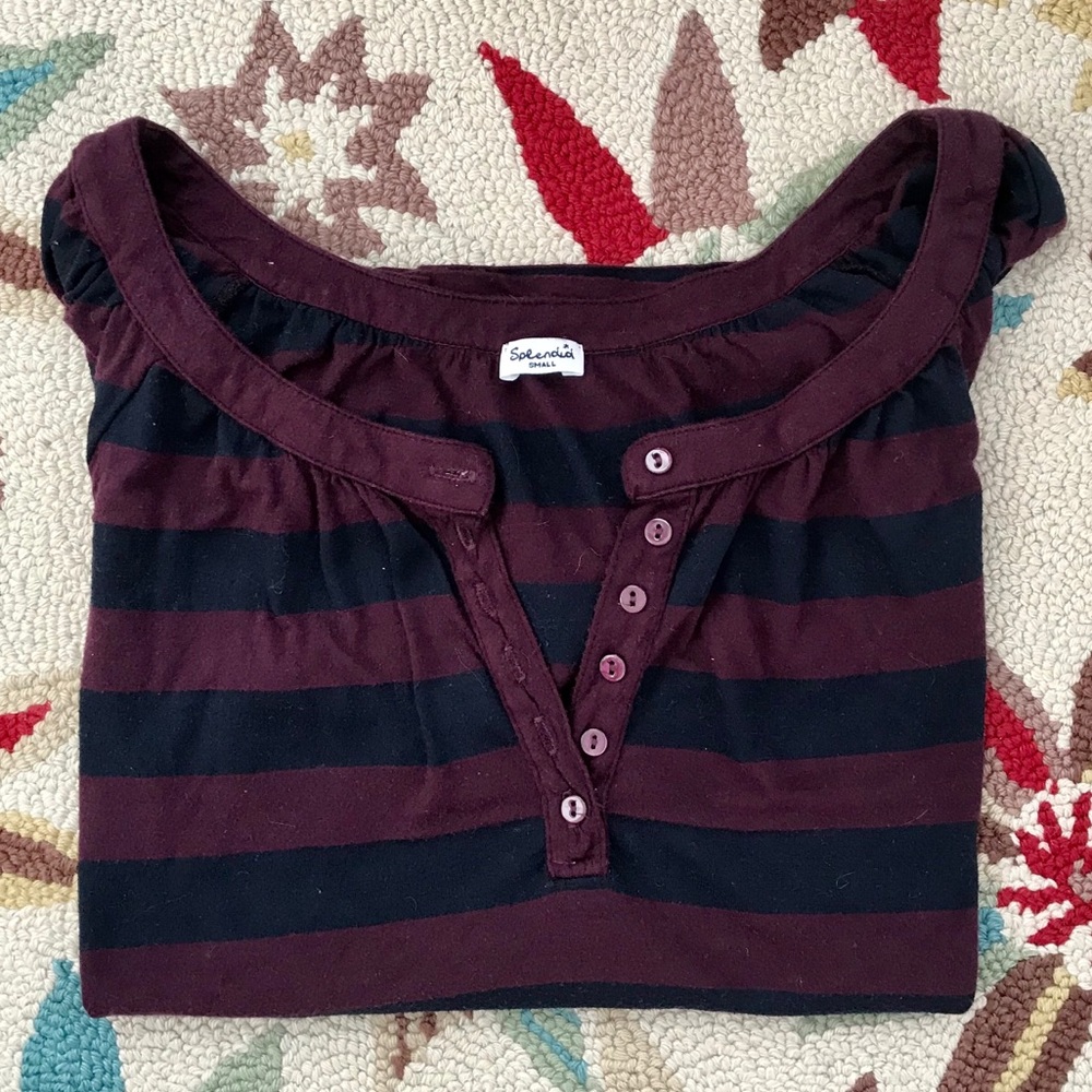 Splendid Striped Cap Sleeve Top with Buttons